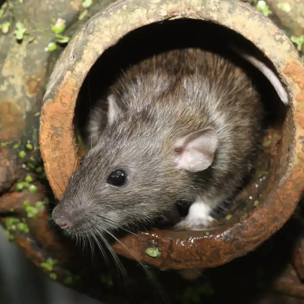 Rat brun: Gros plan sur le rongeur sortant de son conduit. Gros plan d'un rat brun sortant la tête d'un conduit en terre cuite humide. Ses grandes moustaches et sa patte blanche sont visibles.